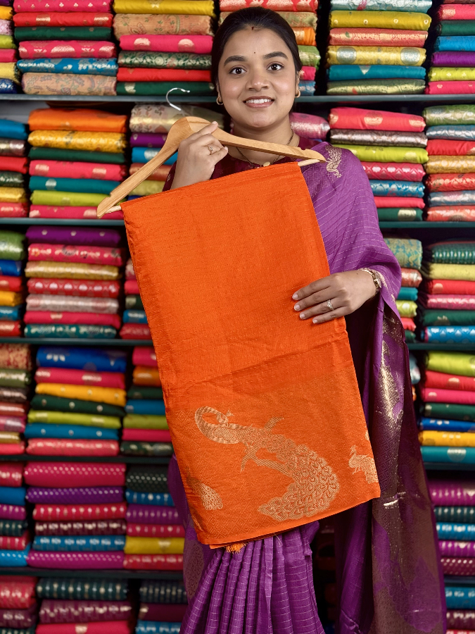 Fancy Silk Lines With Peacock Border Orange And Wine Saree