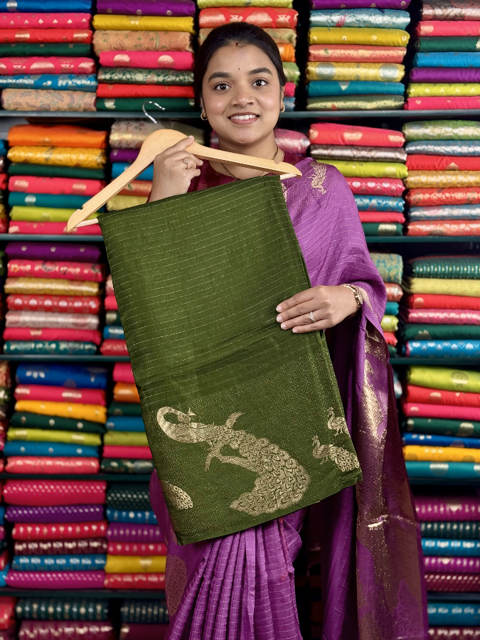Fancy Silk Lines With Peacock Border Dark MehandhiGreen And Red Saree