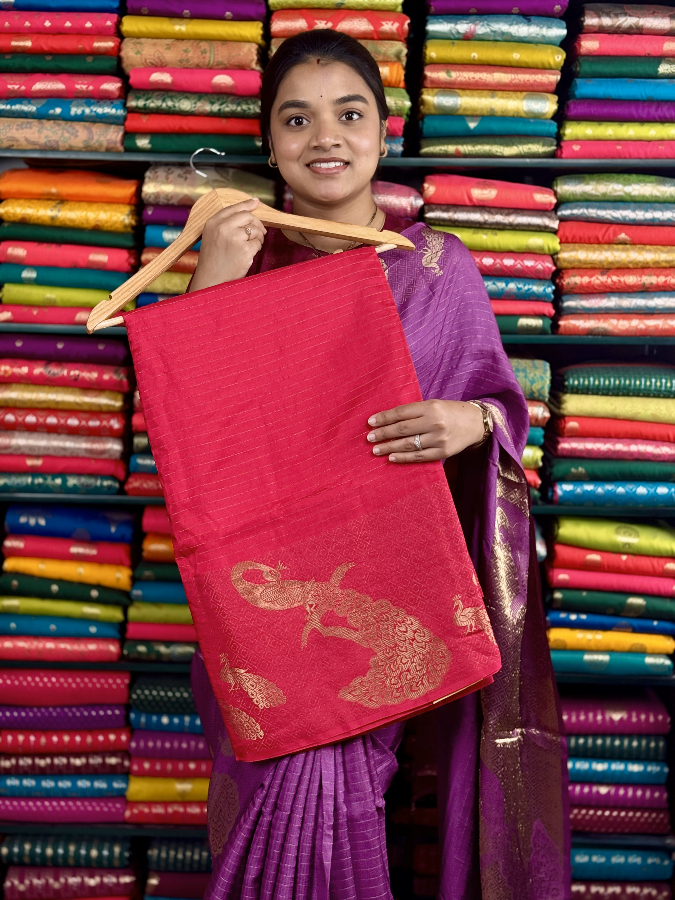 Fancy Silk Lines With Peacock Border Pink And Purple Saree