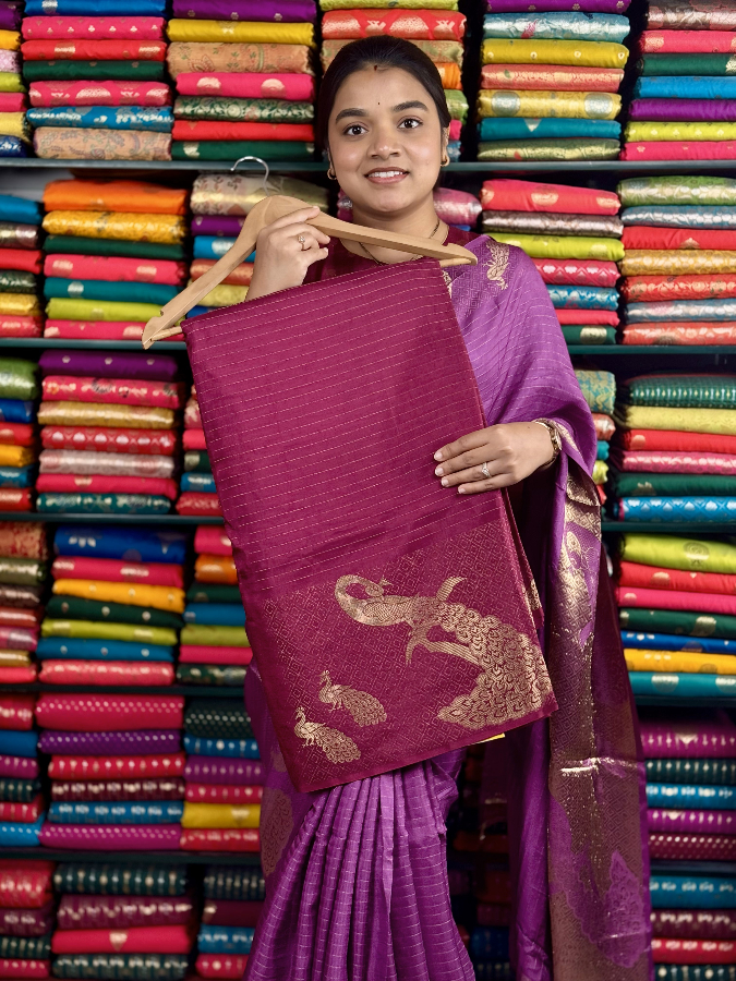 Fancy Silk Lines With Peacock Border Wine And Yellow Saree