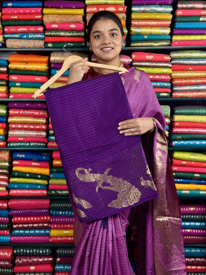 Fancy Silk Lines With Peacock Border Purple And Yellow Saree