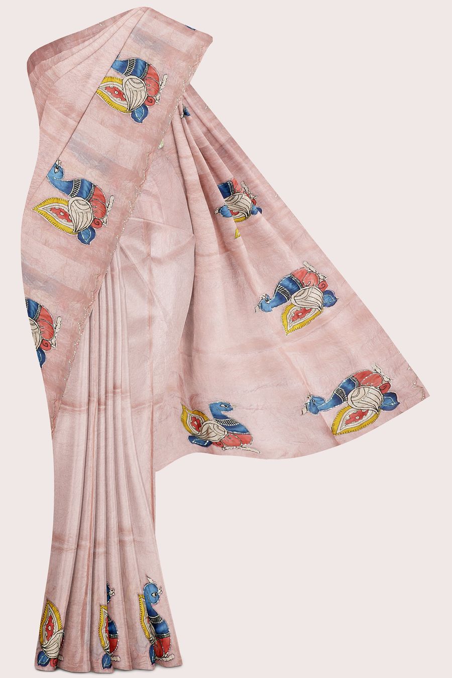 Paper Glass Tissue Silk Scallop Border And Applique Work Peach Pink Saree