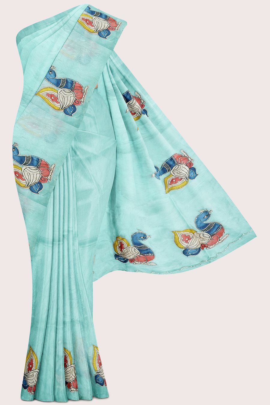 Paper Glass Tissue Silk Scallop Border And Applique Work Sea Green Saree