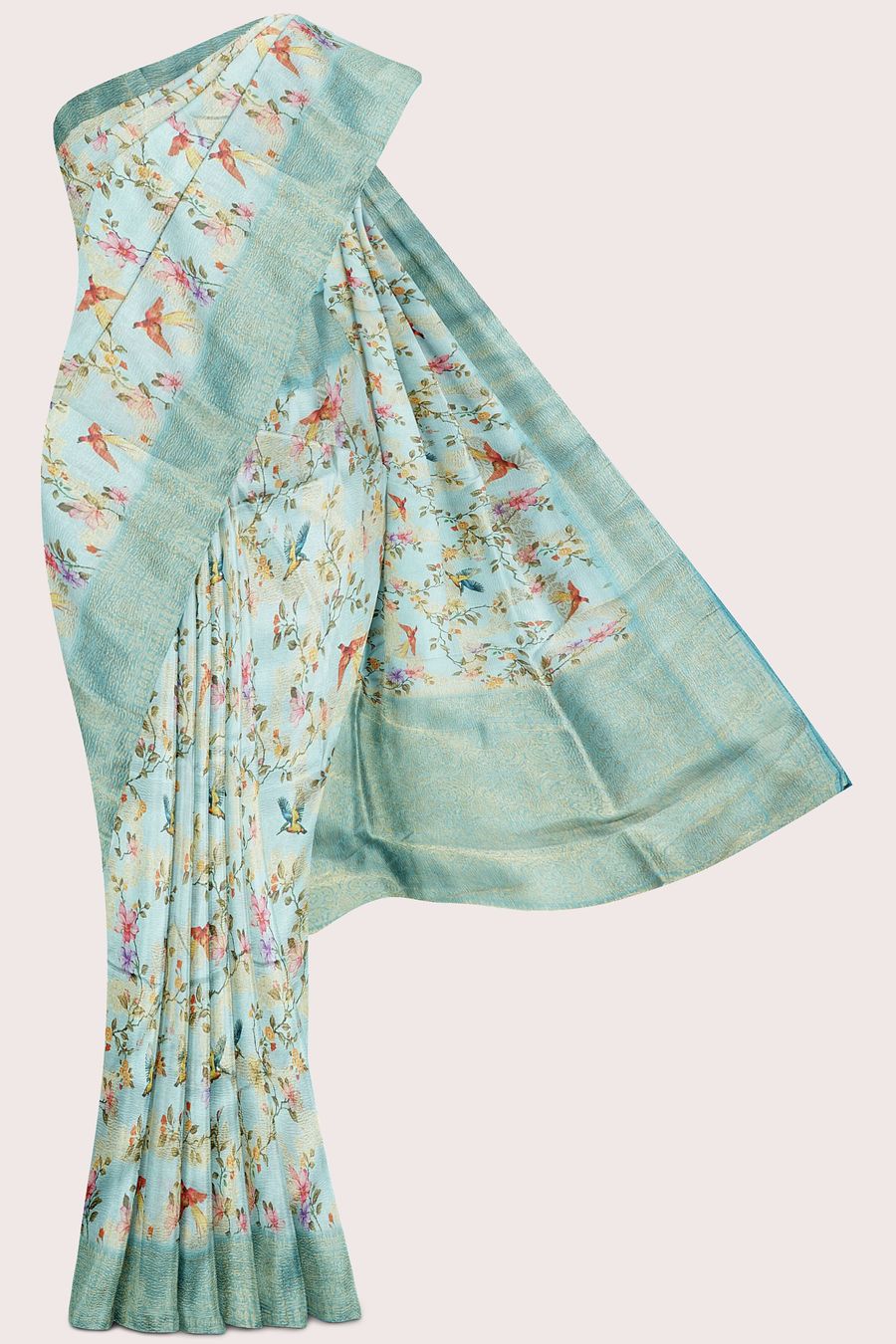Crushed Tissue Gold Zari And Full Jal Design Light Blue Saree