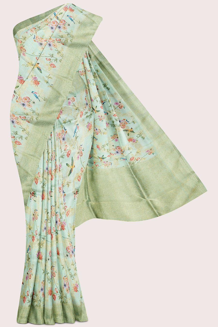 Crushed Tissue Gold Zari And Full Jal Design Parrot Green Saree