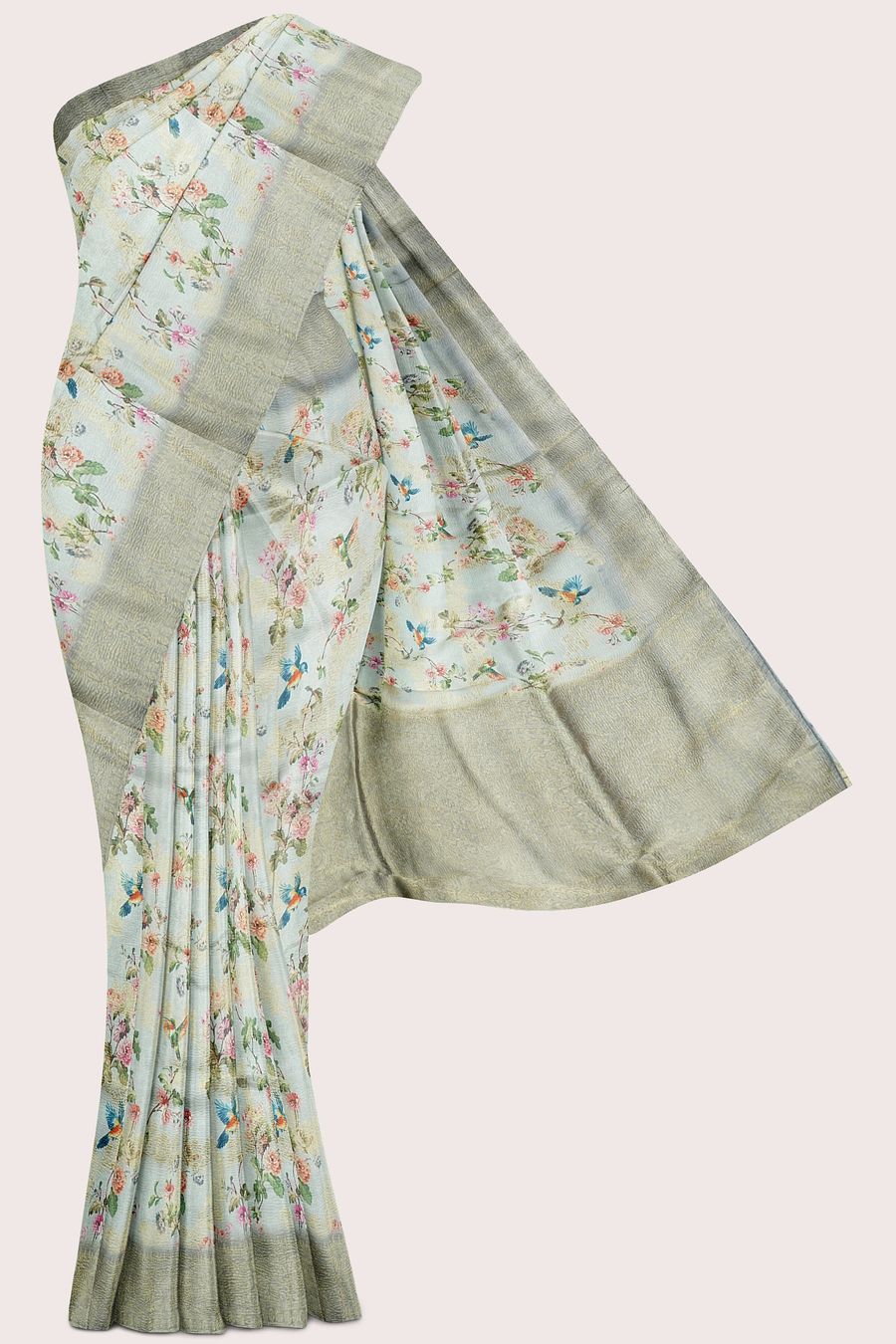 Crushed Tissue Gold Zari And Full Jal Design Ash Saree