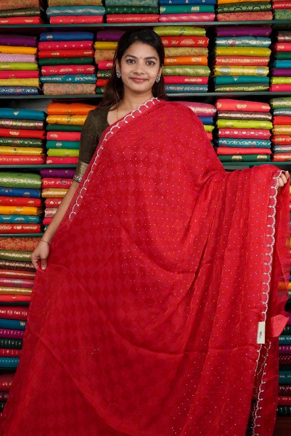 Chiffon Galaxy Stone Border Red Saree