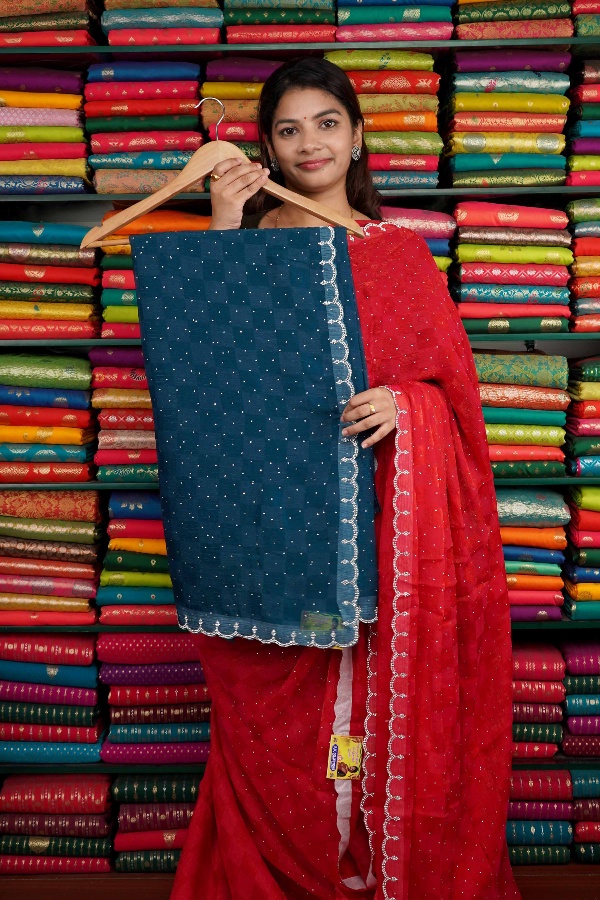 Chiffon Galaxy Stone Border Dark Peacock Blue Saree