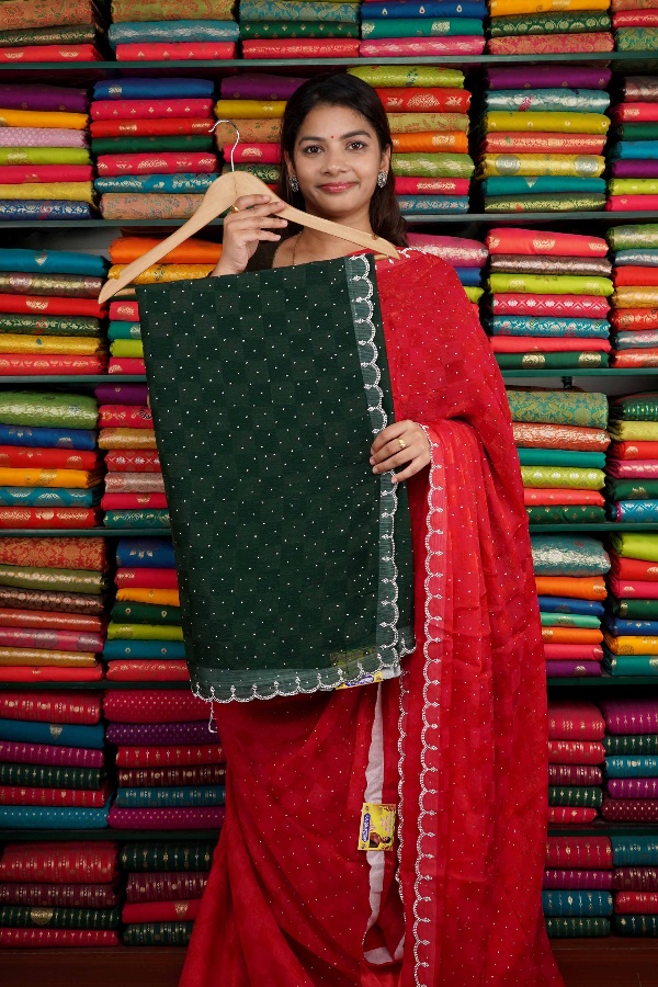 Chiffon Galaxy Stone Border Dark Green Saree