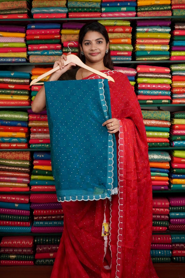 Chiffon Galaxy Stone Border Dark Rama Blue Saree