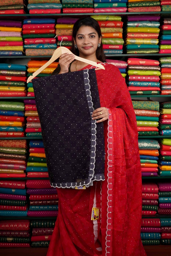 Chiffon Galaxy Stone Border Dark Blakish Blue Saree