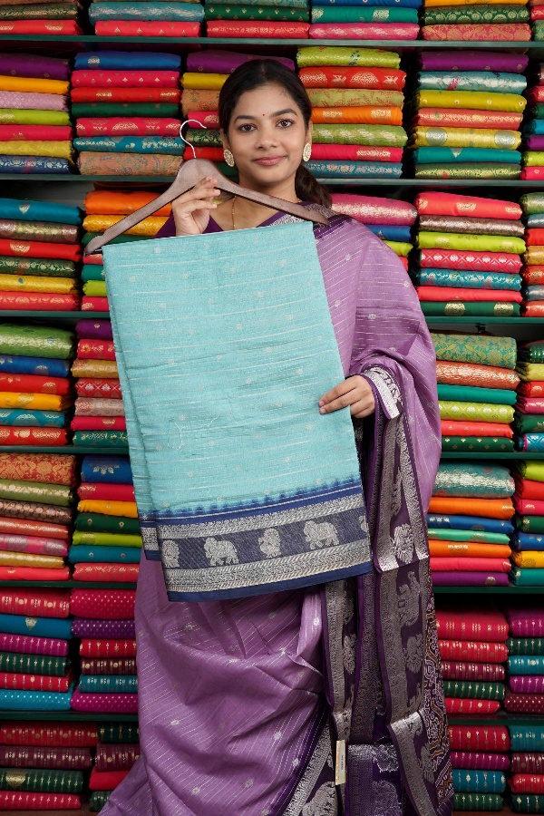 Fancy Dola Silk lines With Elephant Border Light SkyBlue And NavyBlue Saree