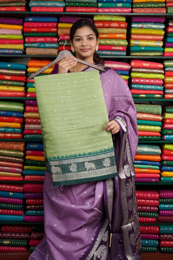 Fancy Dola Silk lines With Elephant Border Leaf Green And Dark Green Saree