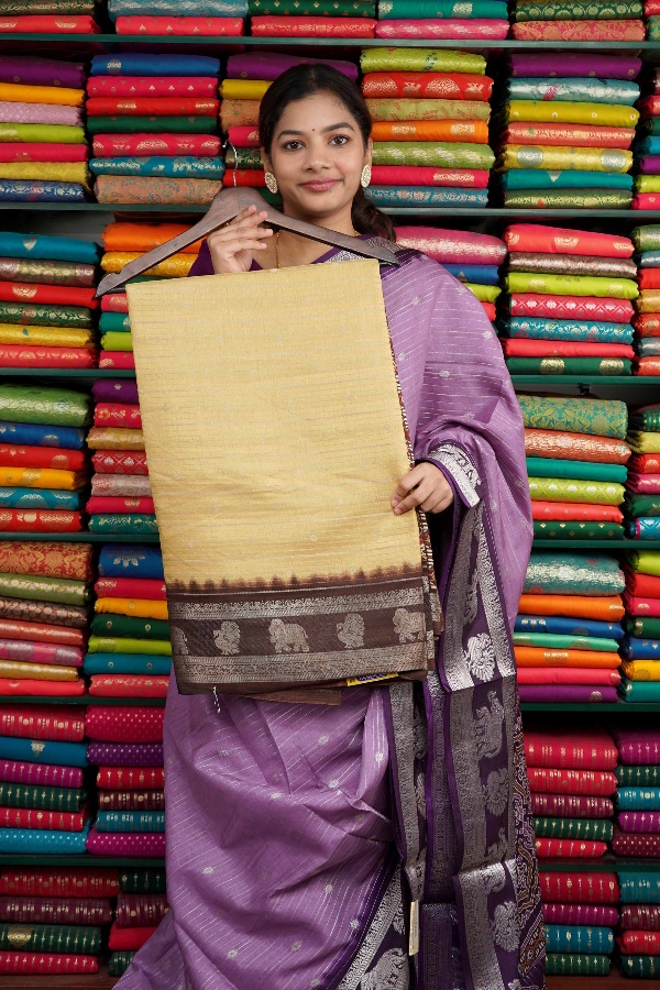 Fancy Dola Silk lines With Elephant Border Sandal Yellow And Brown Saree