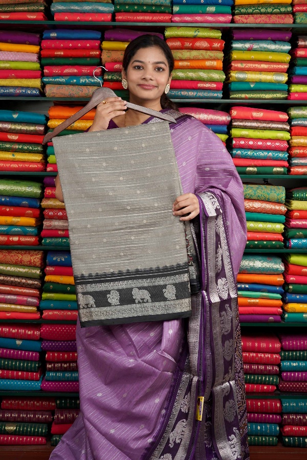 Fancy Dola Silk lines With Elephant Border Gray And Black Saree