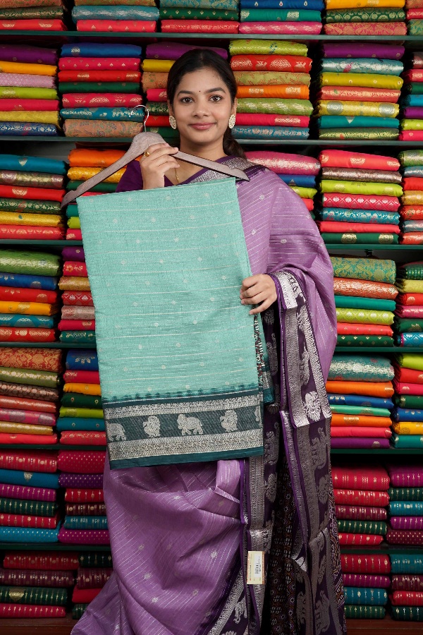 Fancy Dola Silk lines With Elephant Border SeaGreen And PeacockGreen Saree
