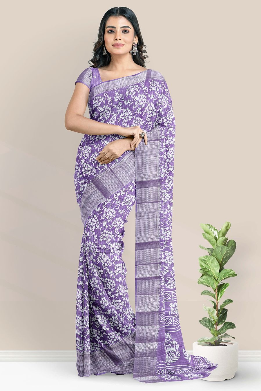 Satin Crepe Silk Digital Print Lavendar Saree