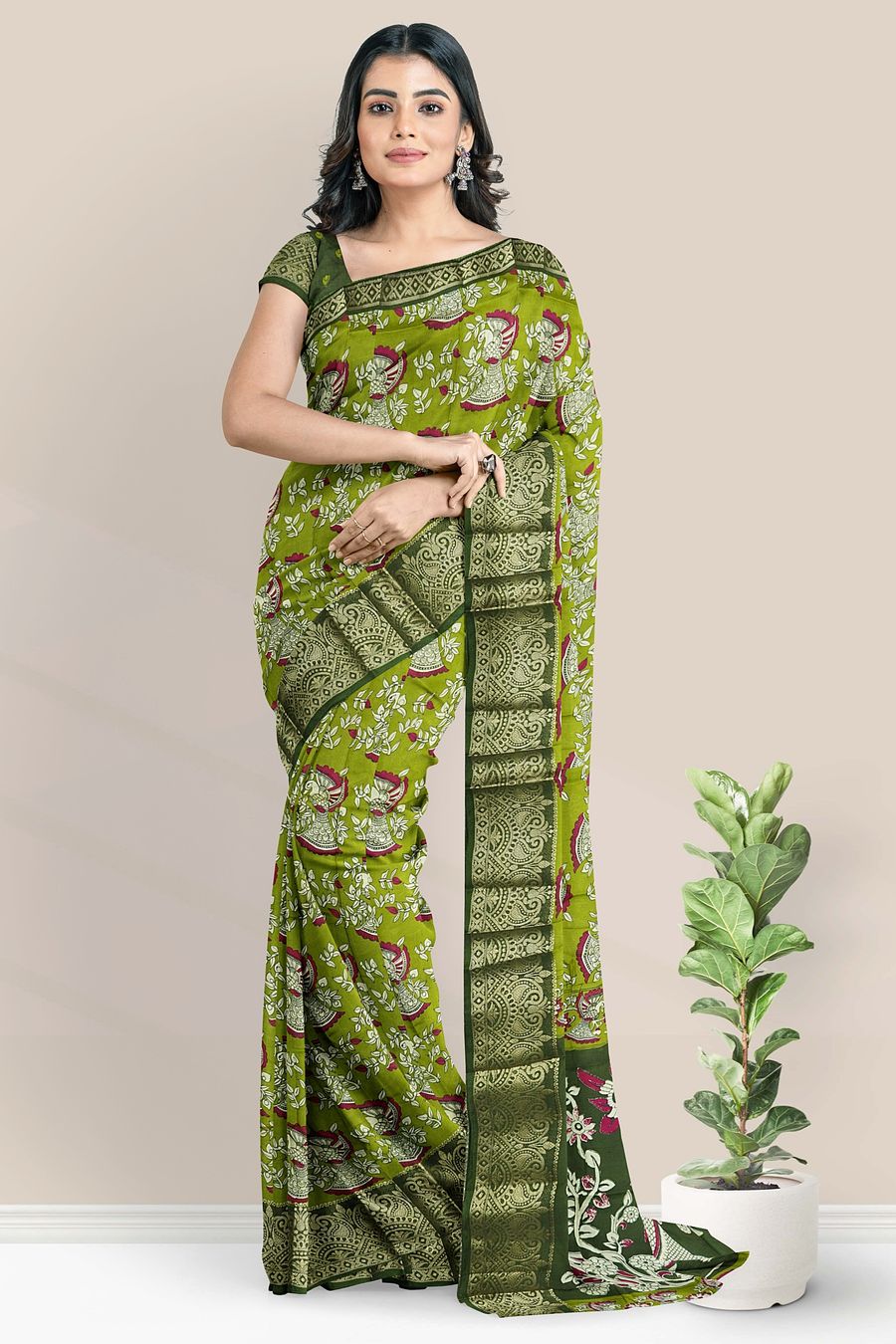 Semi Maheswari Silk Kalamkari Print Light And Dark Mehandi Green Saree