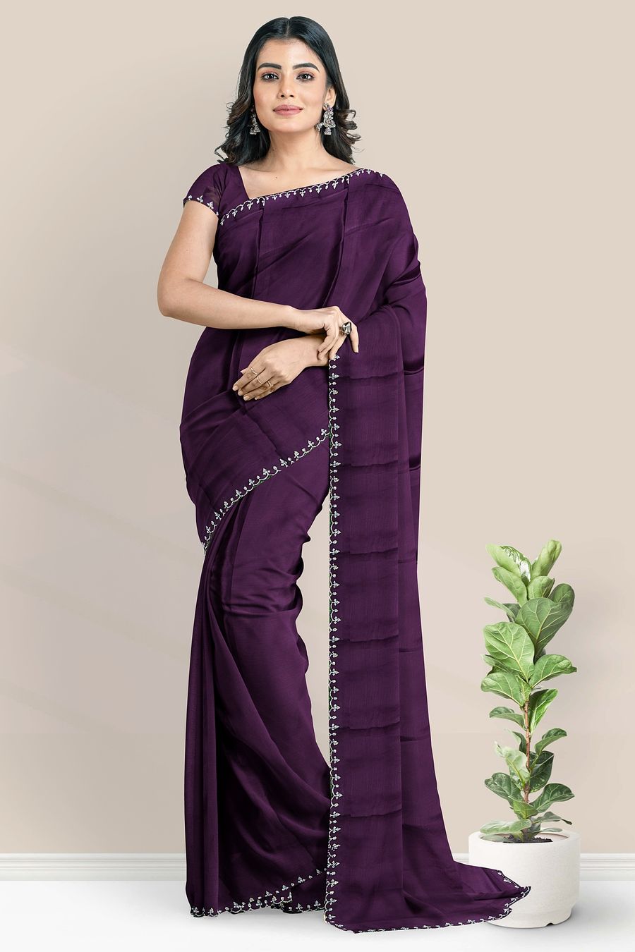 Satin Crepe Silk Galaxy Stone Border Dark Brinjal Saree