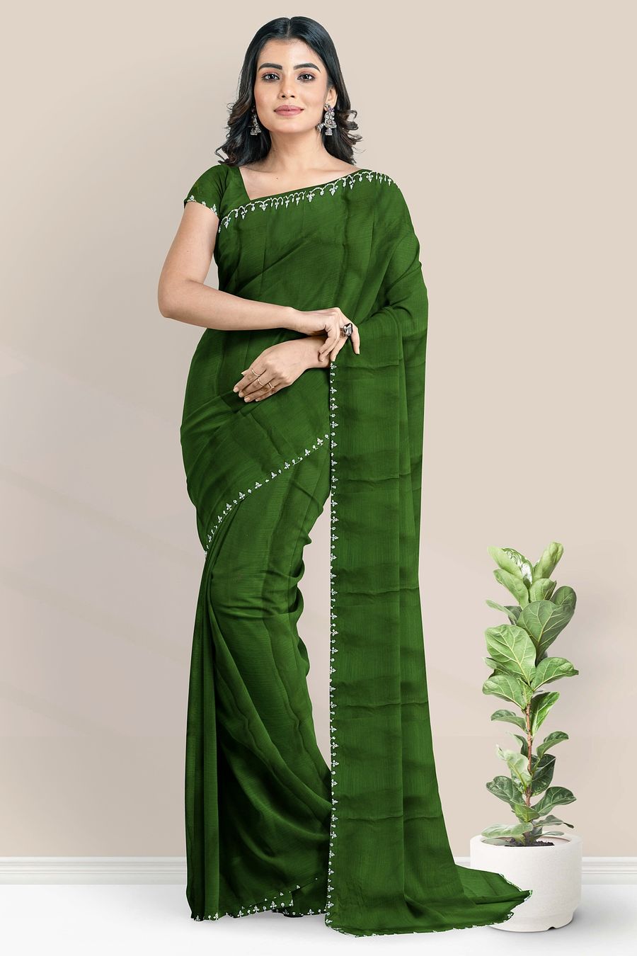 Satin Crepe Silk Galaxy Stone Border Dark Mehandi Green Saree