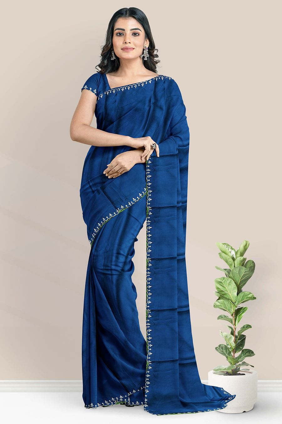 Satin Crepe Silk Galaxy Stone Border Peacock Blue Saree