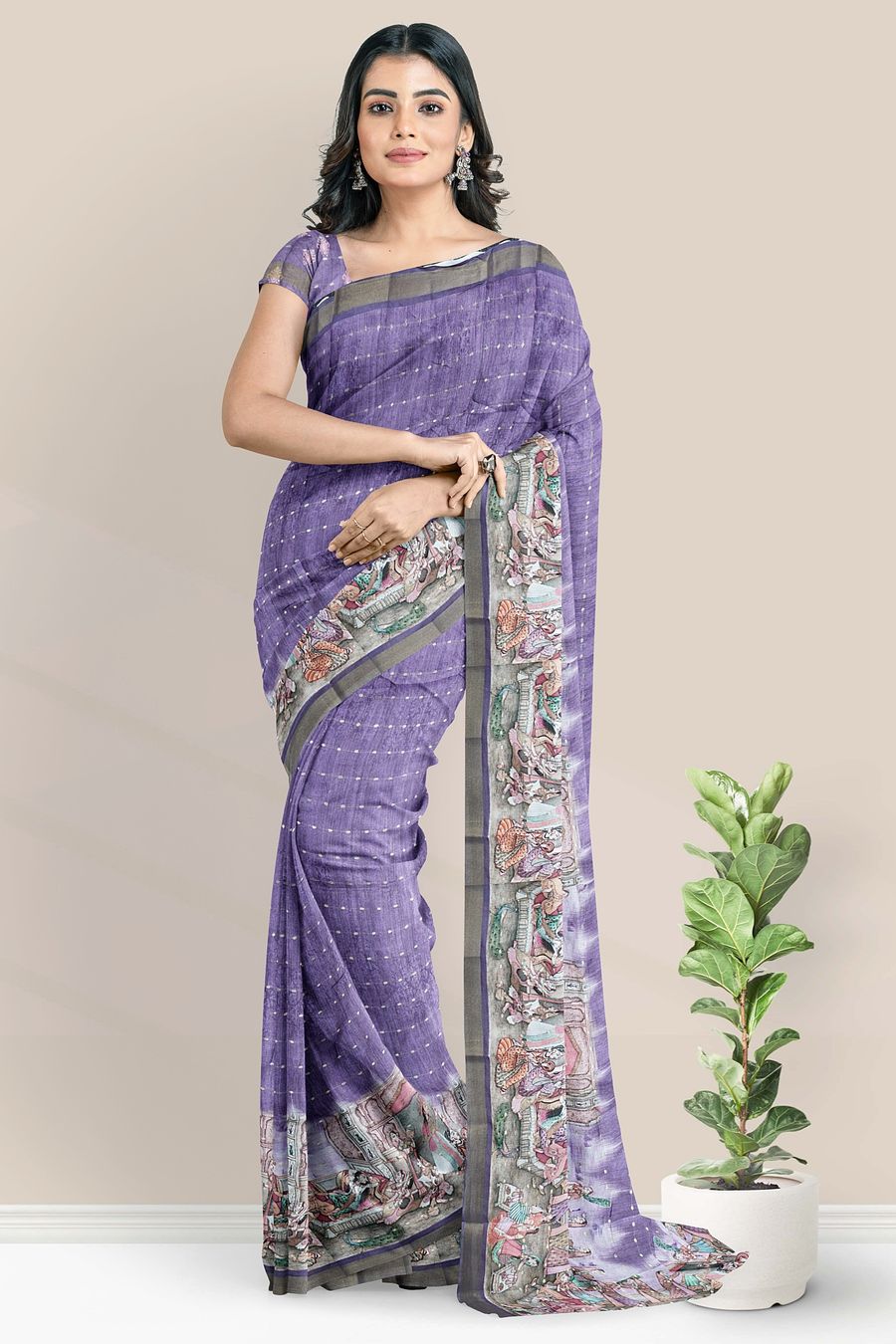 Tussur And Jute Mix Digital Print Dark Lavendar Saree