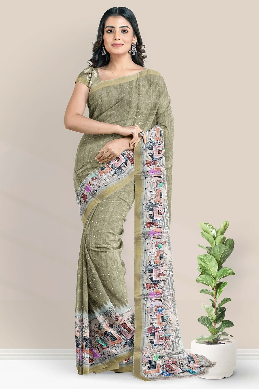Tussur And Jute Mix Digital Print Mehandi Green Saree