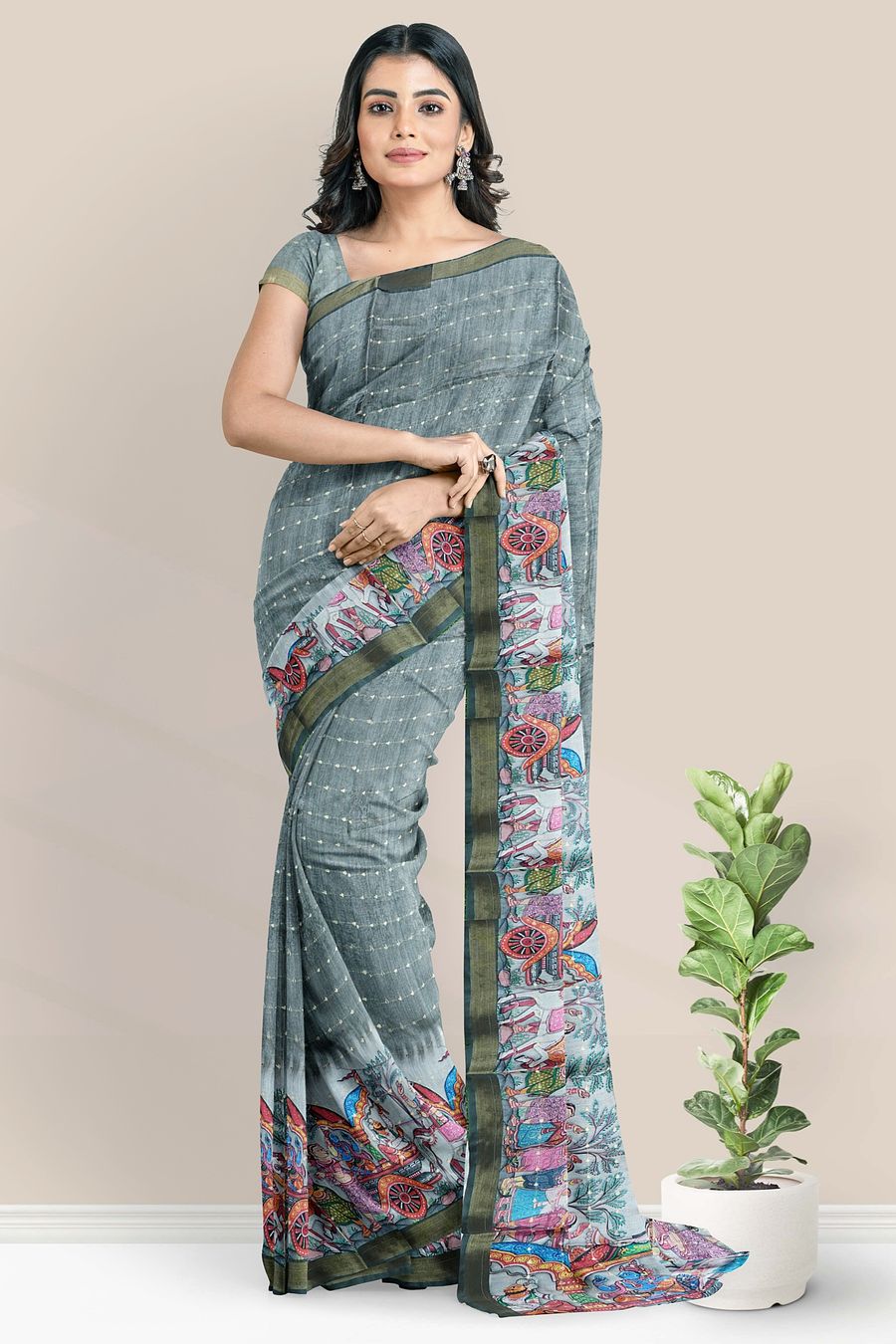 Tussur And Jute Mix Digital Print Ash Saree