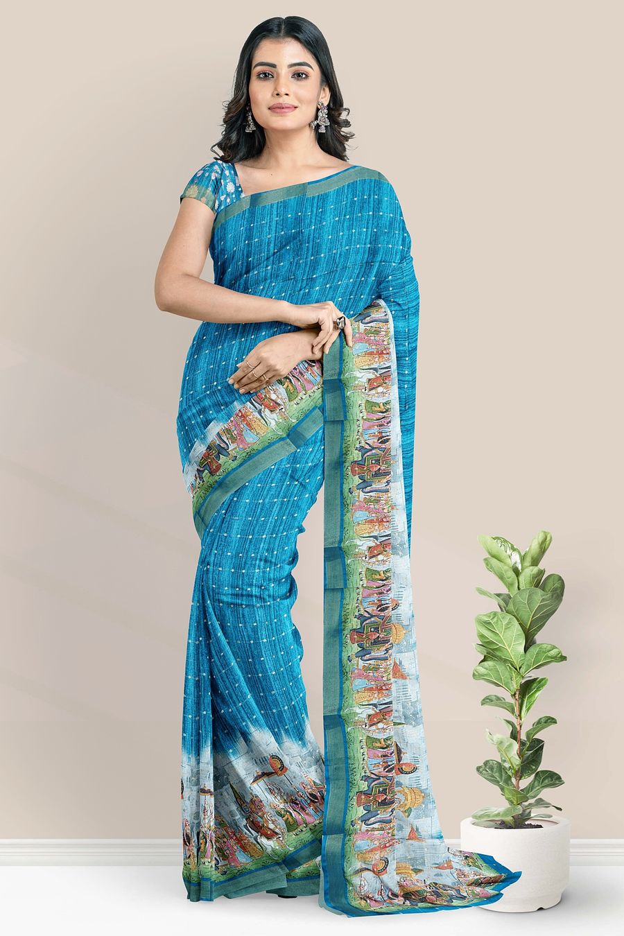 Tussur And Jute Mix Digital Print Blue Saree