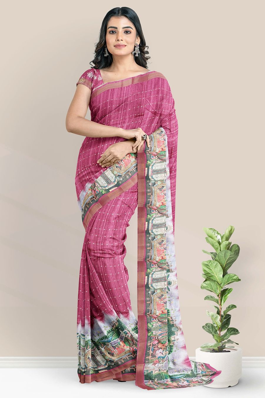 Tussur And Jute Mix Digital Print Pink Saree