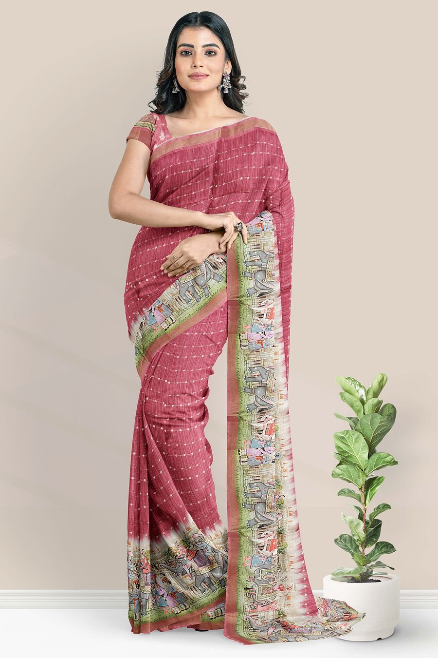 Tussur And Jute Mix Digital Print Maroon Saree
