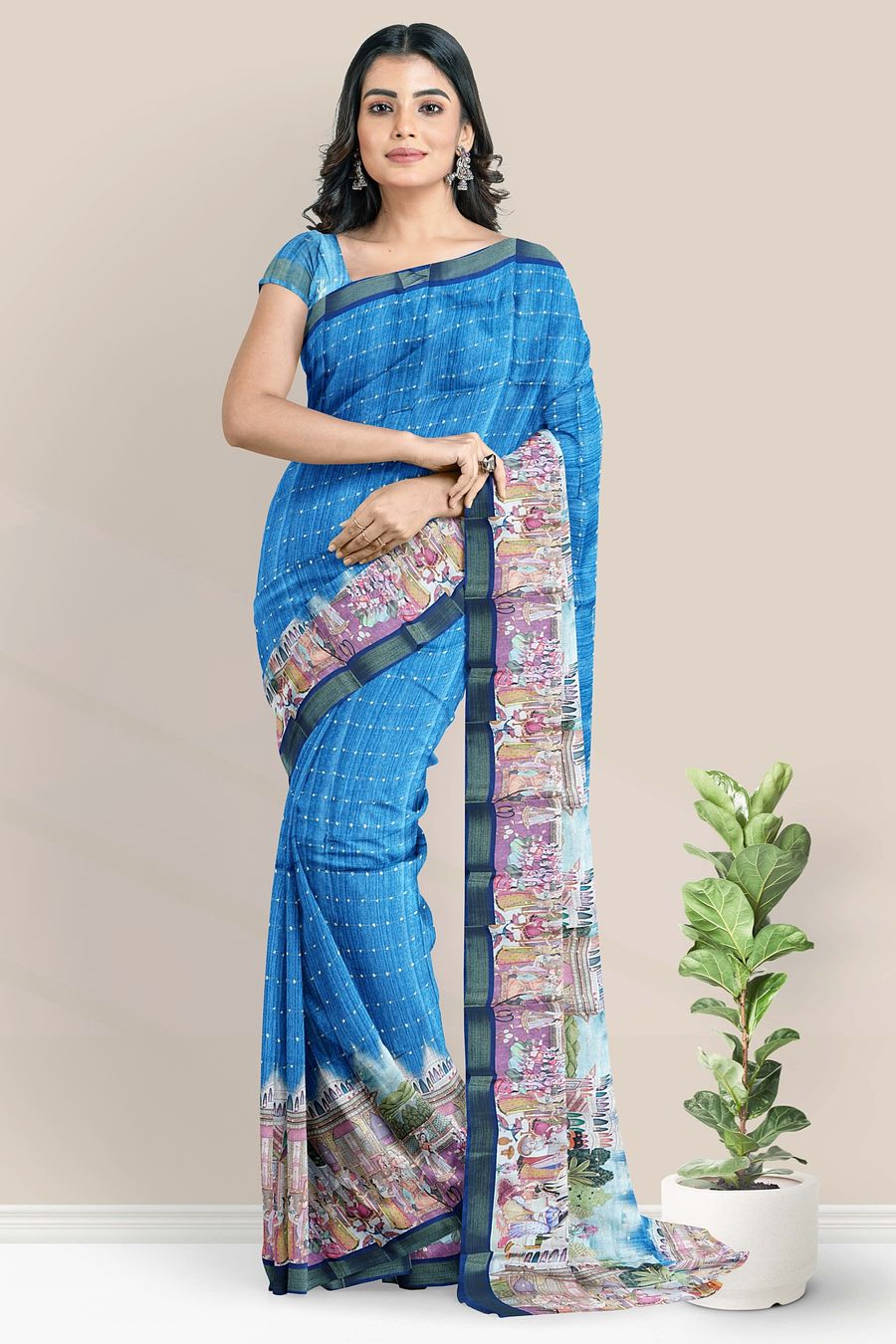 Tussur And Jute Mix Digital Print Royal Blue