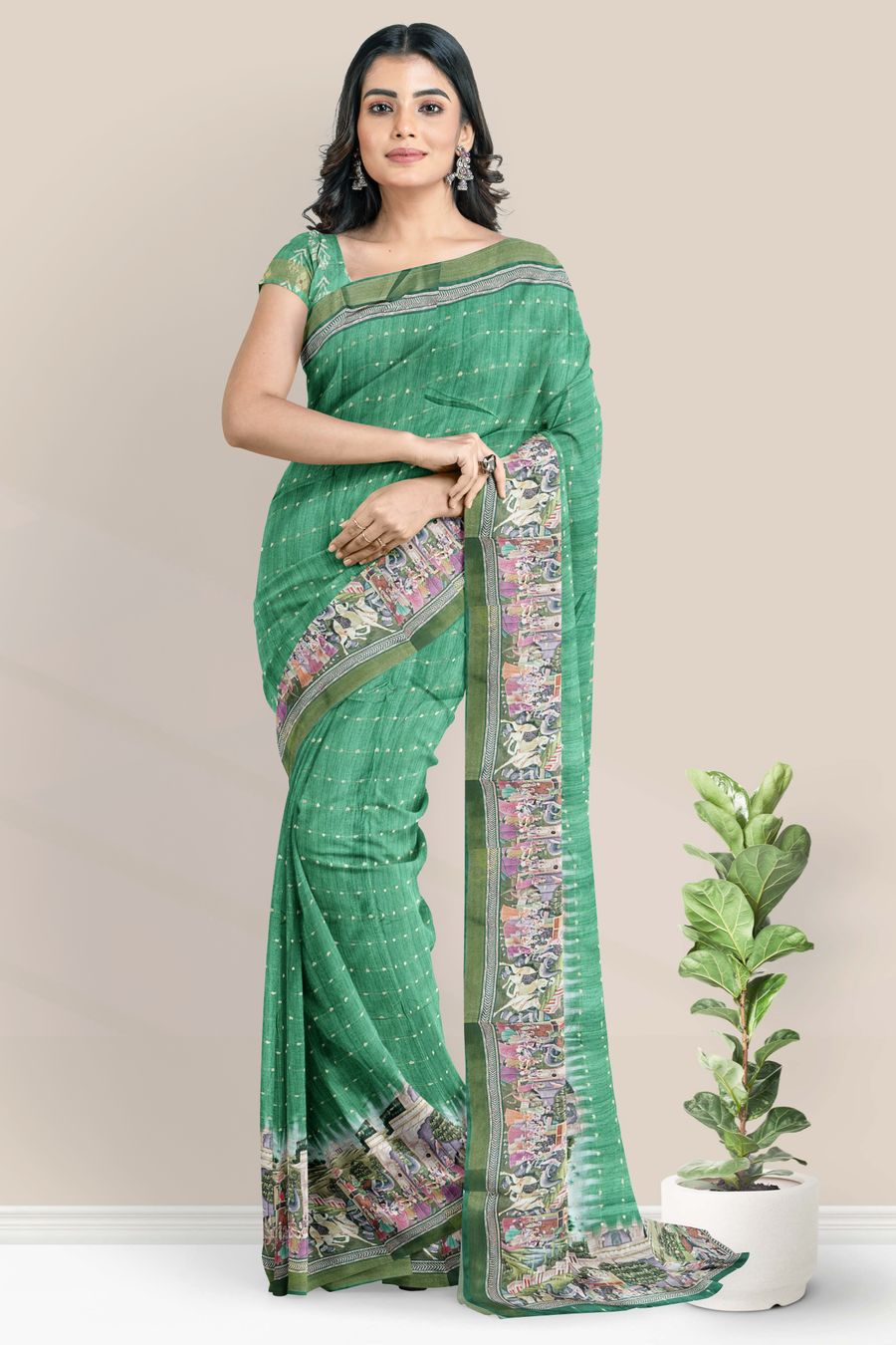 Tussur And Jute Mix Digital Print Parrot Green Saree