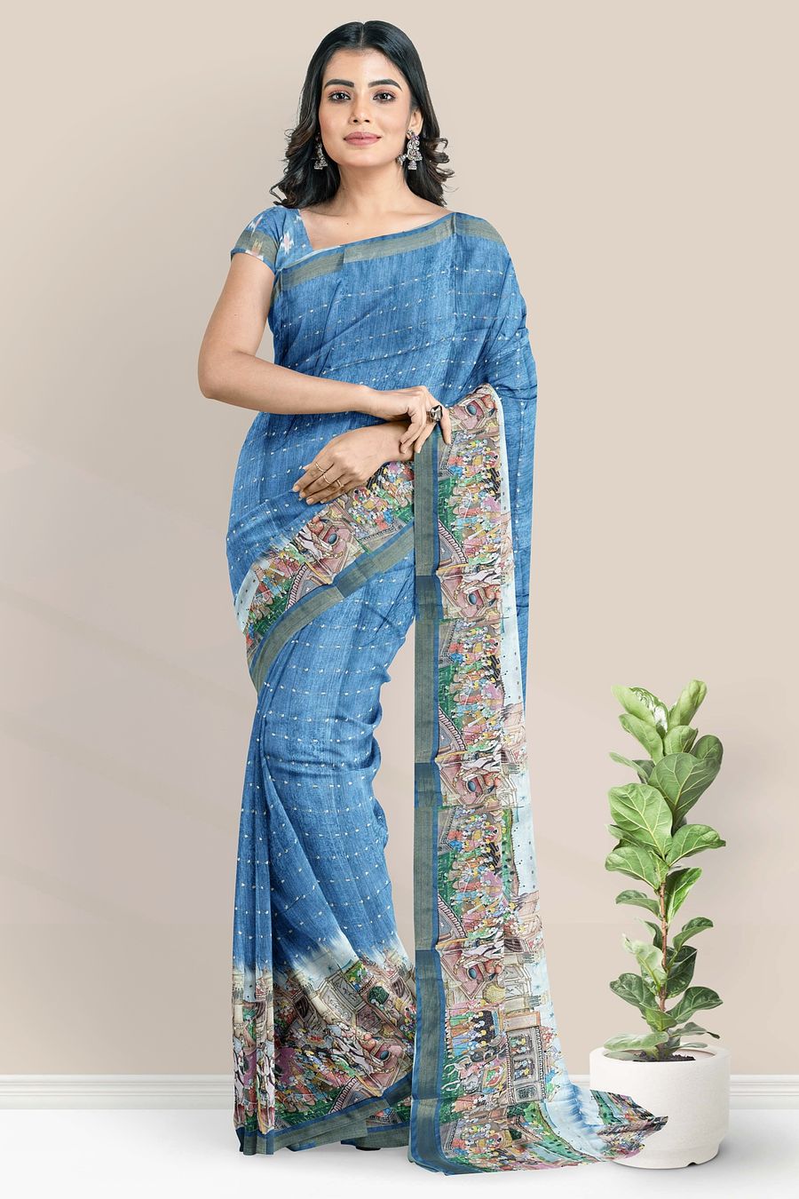 Tussur And Jute Mix Digital Print Light Peacock Blue Saree