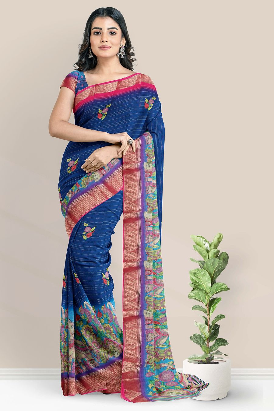 Crepe Silk Print With Tie And Dye Peacock  Blue And Pink Sare