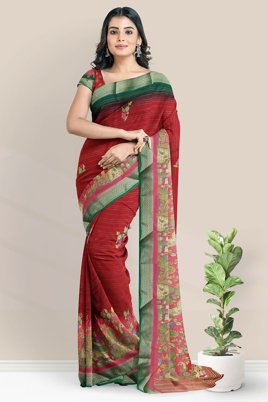 Crepe Silk Print With Tie And Dye Maroon And Green Saree