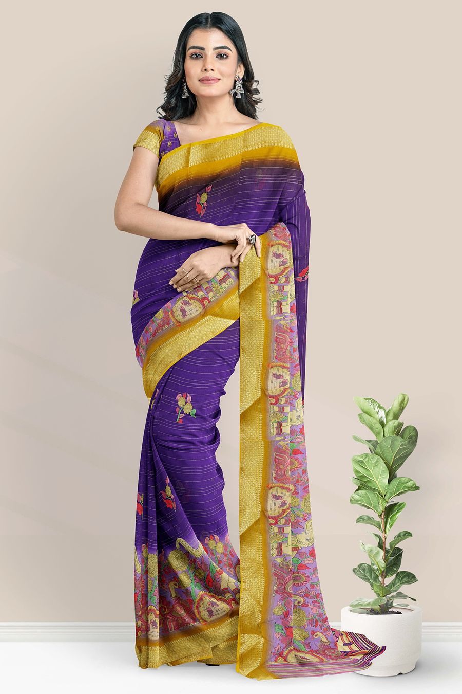 Crepe Silk Print With Tie And Dye Purple And Musturd Yellow Saree