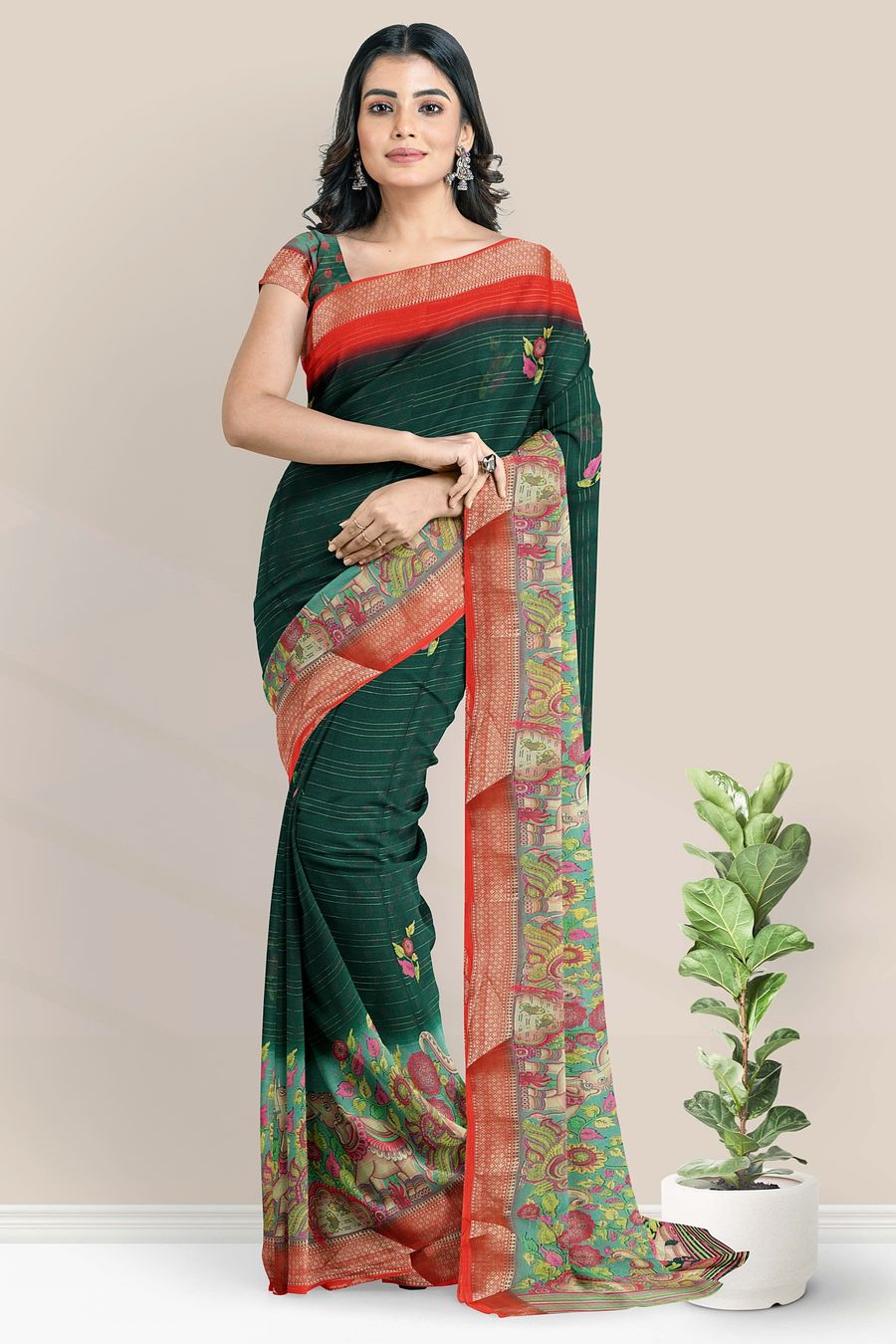 Crepe Silk Print With Tie And Dye Dark Green And Red Saree