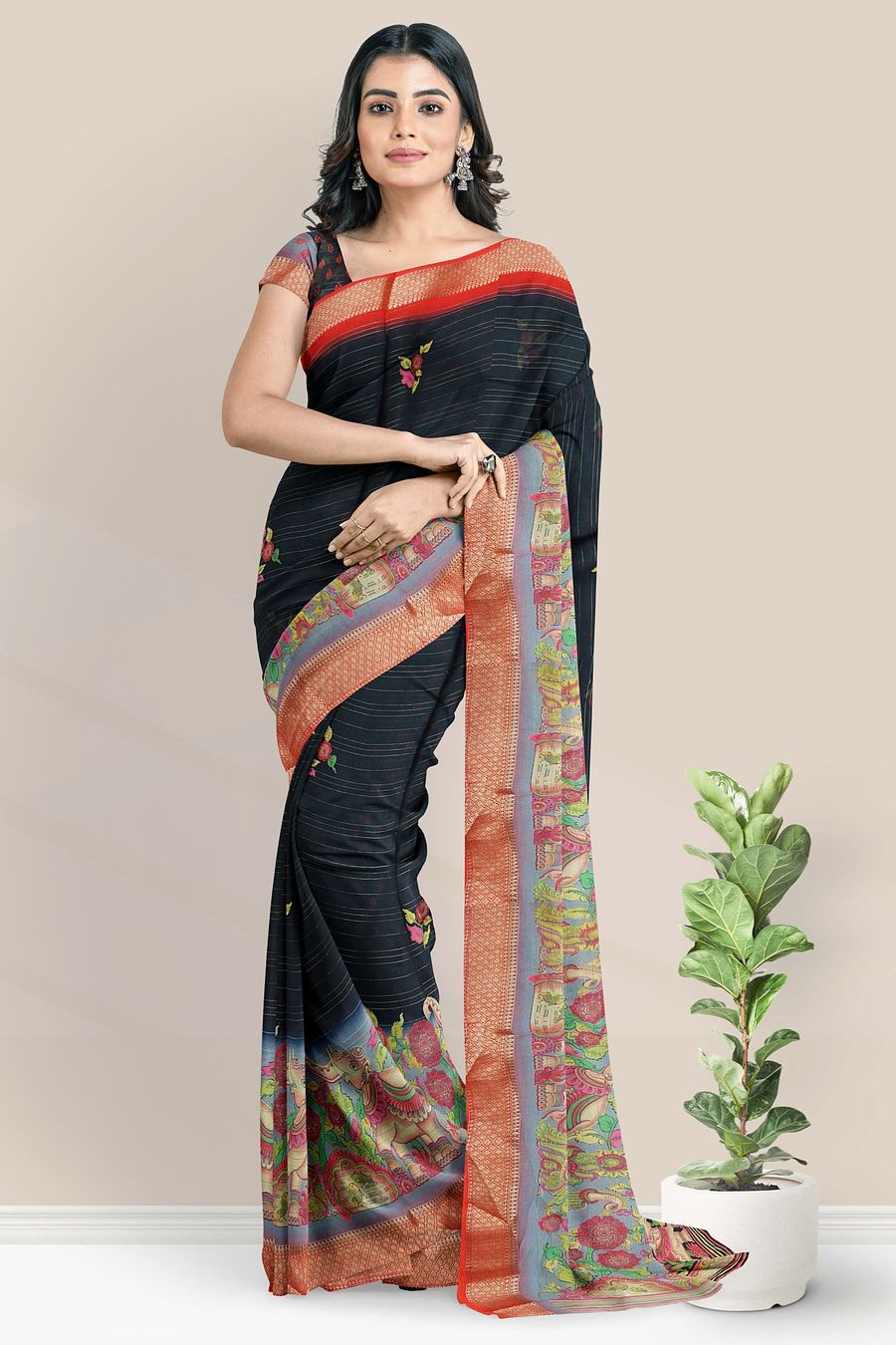 Crepe Silk Print With Tie And Dye Black And Red Saree