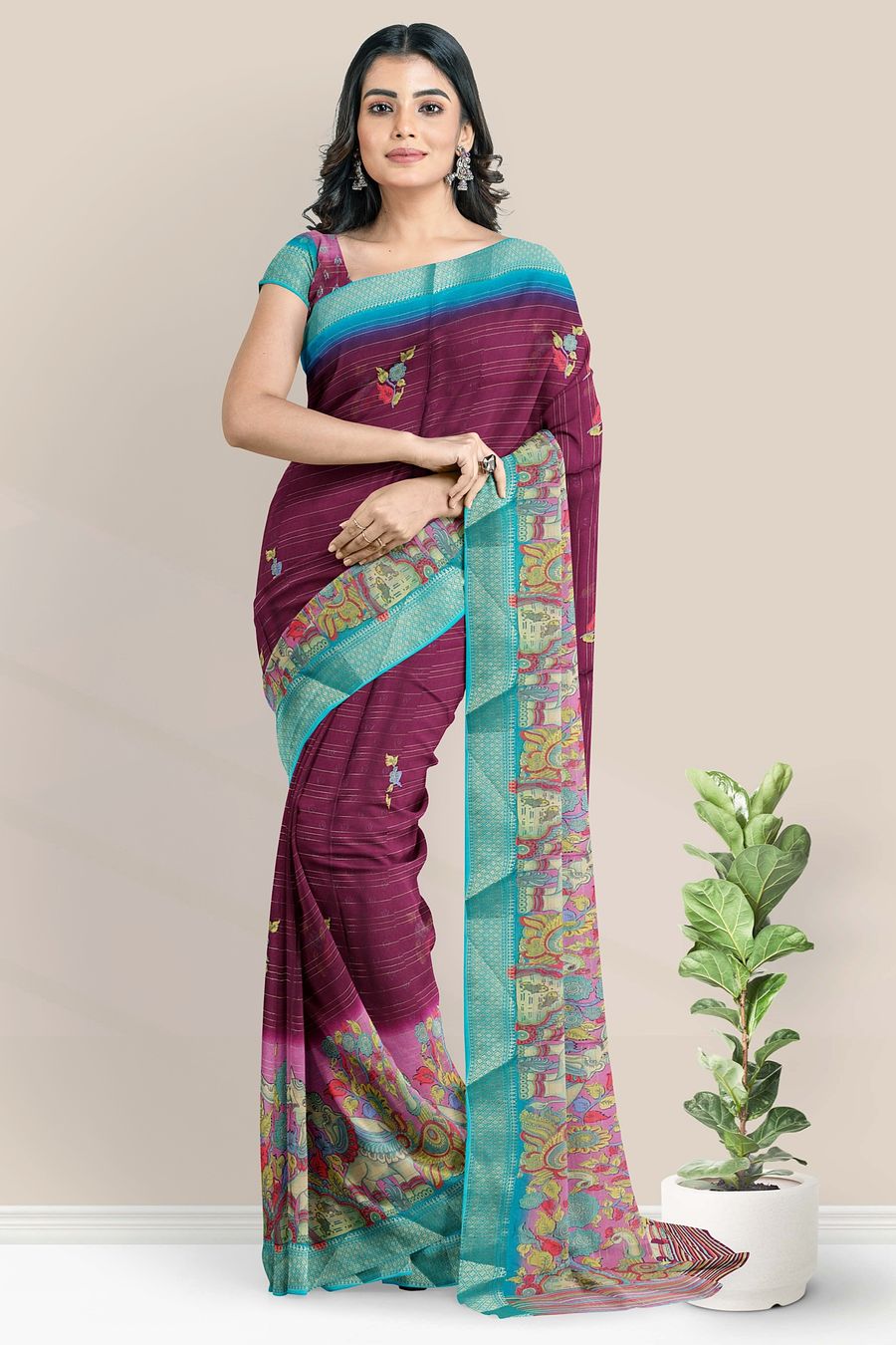 Crepe Silk Print With Tie And Dye Wine And Rama Green Saree
