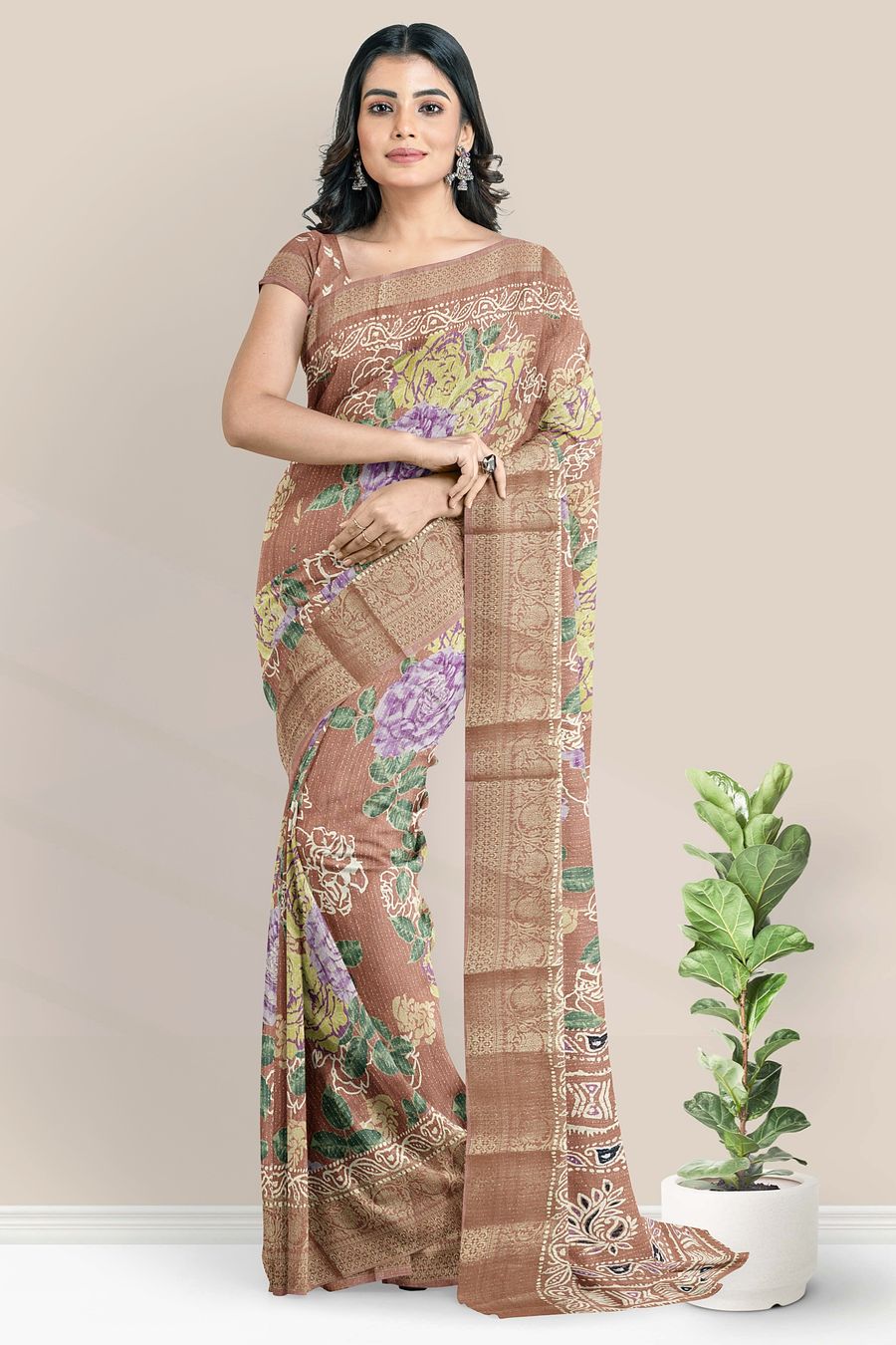 Georgette Badla Zari With Print Brown Saree