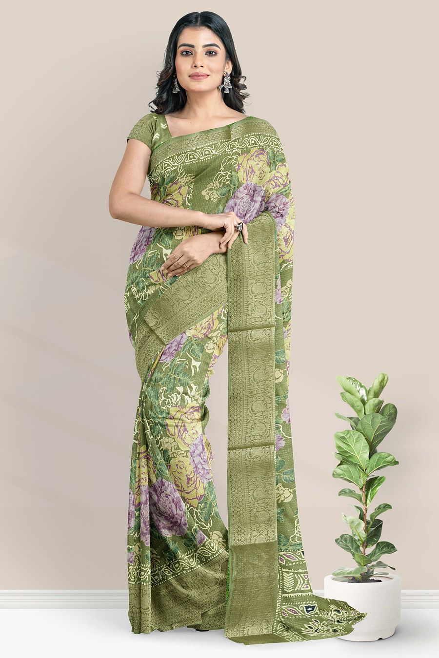 Georgette Badla Zari With Print Mehandi Green Saree