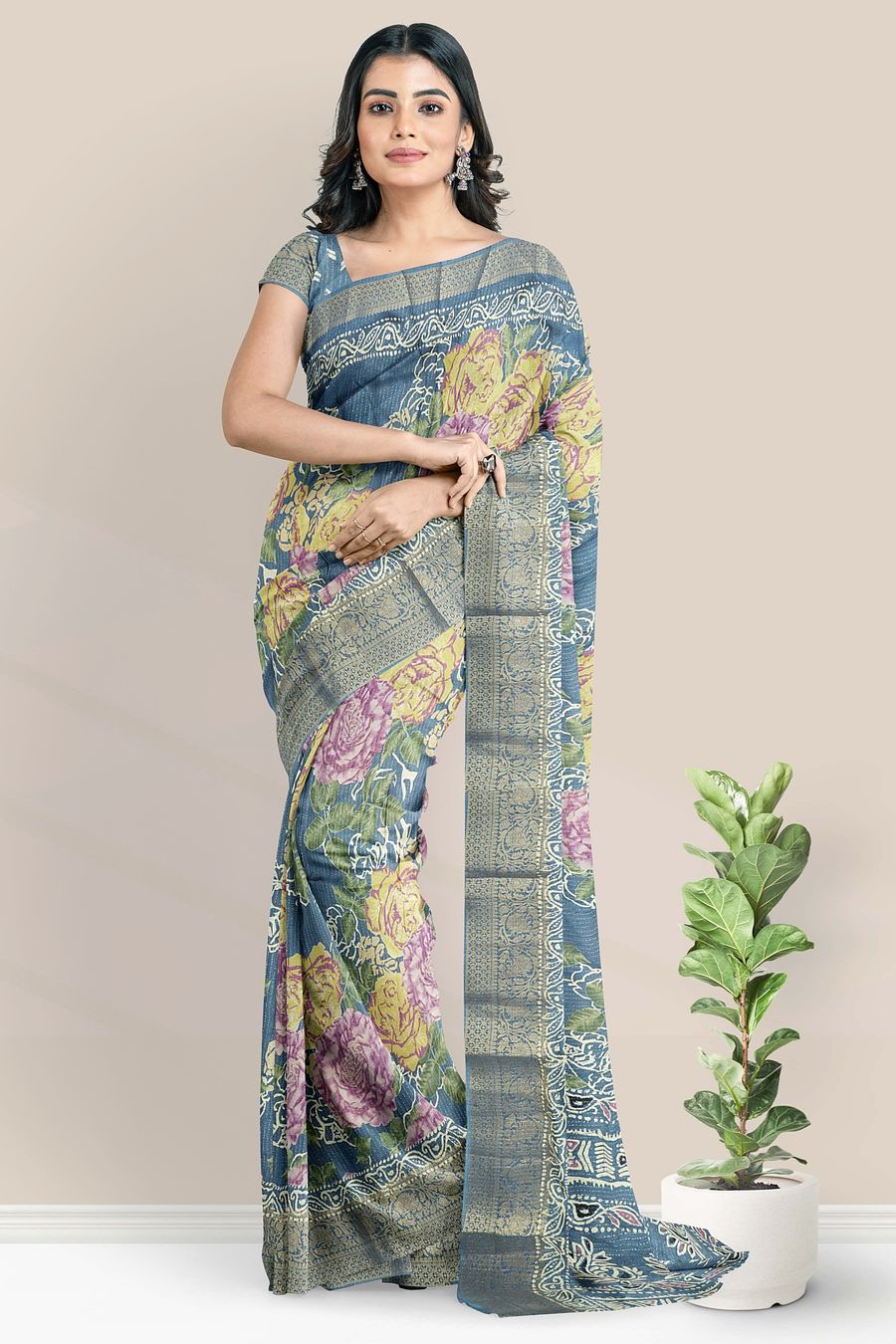 Georgette Badla Zari With Print Blue Saree