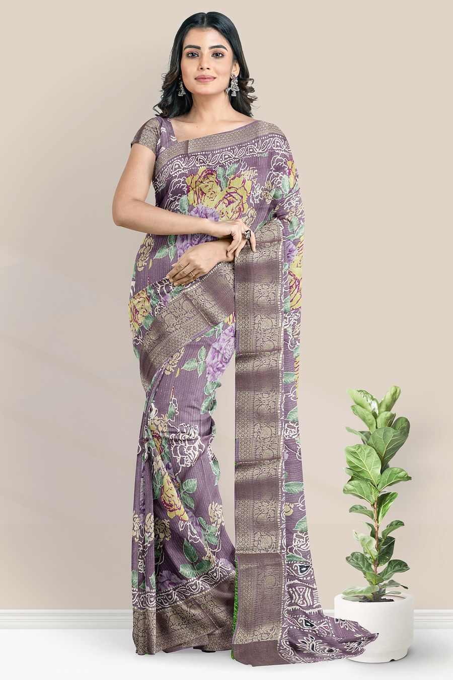 Georgette Badla Zari With Print Dark Lavendar Saree