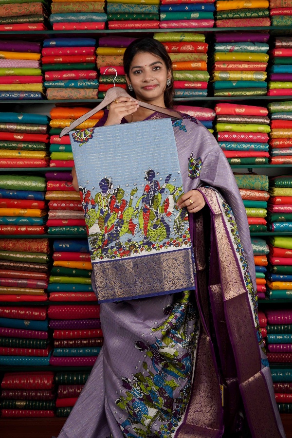 Semi Dola Silk Human Print Light And Dark Blue Saree