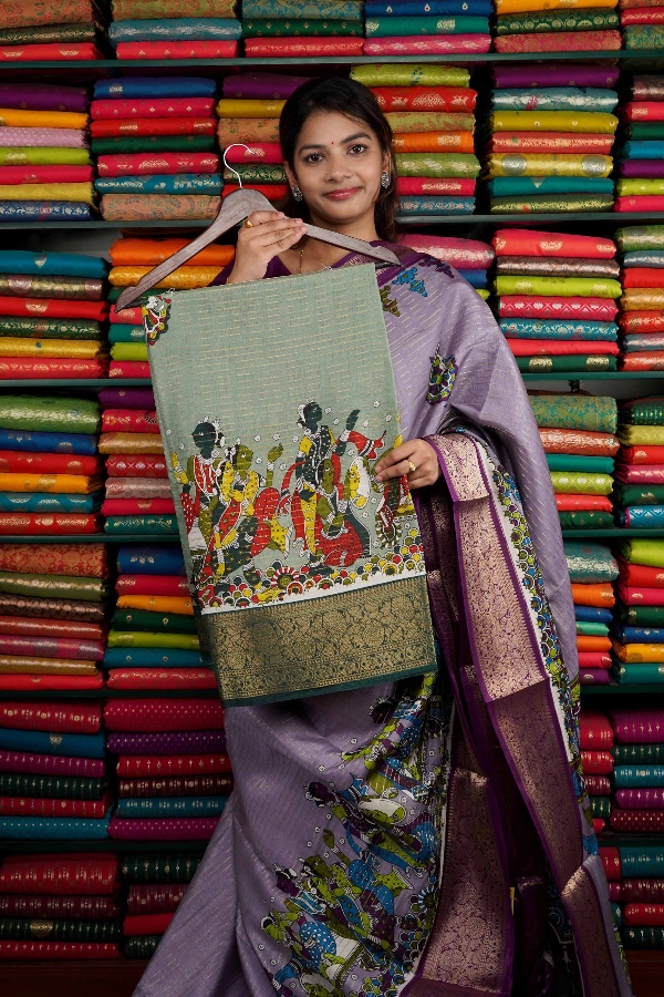 Semi Dola Silk Human Print Light And Dark Green Saree