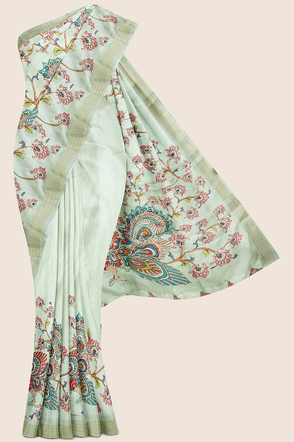 Semi Tussur Silk Digital Print With Kanta Work Light Pista Green Saree