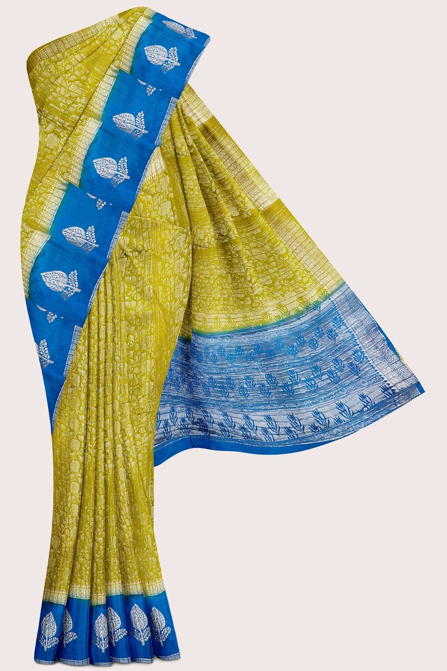 Soft Crushed Silk Full Jal Design Pesara Green With Blue Saree