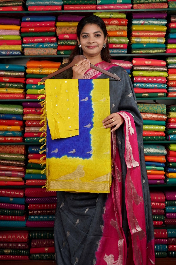 Fancy Silk Bird Butti Royal Blue And Yellow Saree