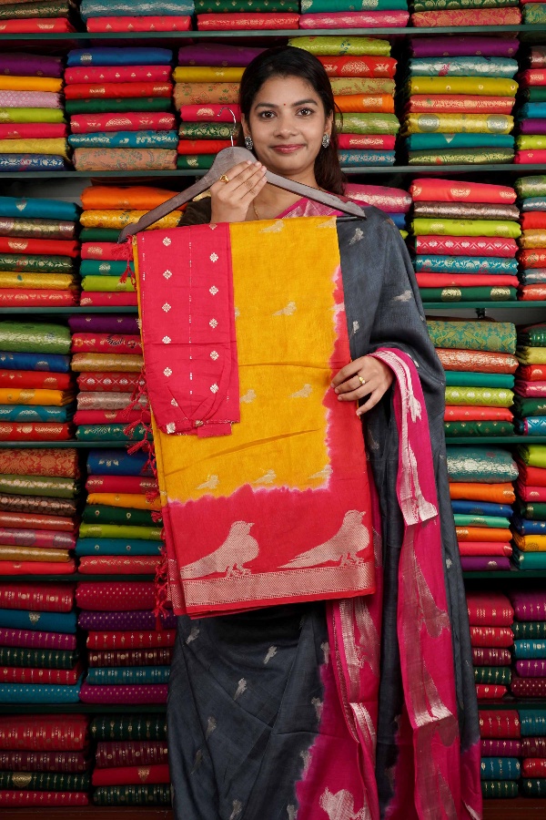 Fancy Silk Bird Butti Yellow And Pink Saree